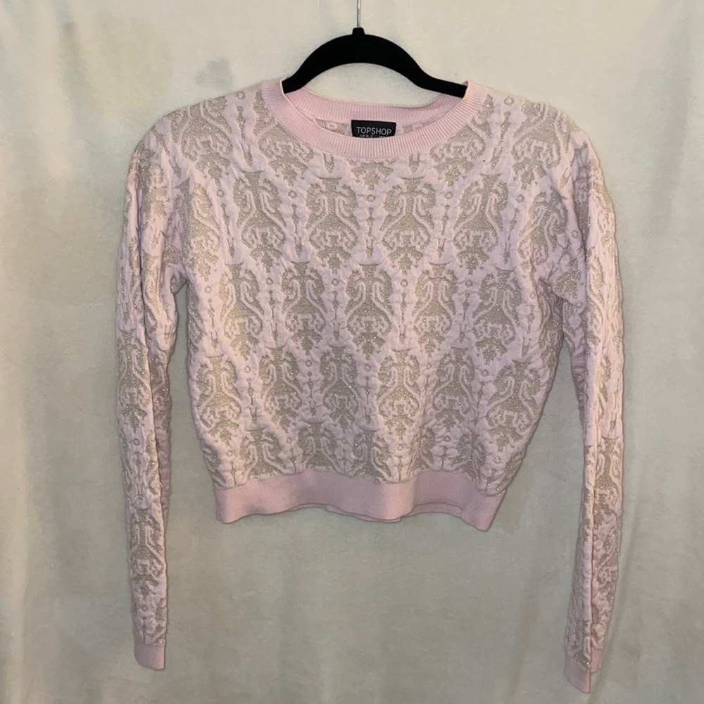 Pink and gold cropped crewneck sweater